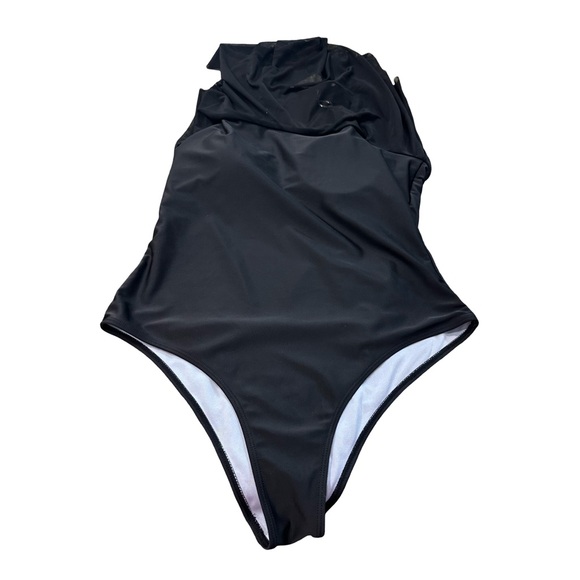 Plus size Cheeky Hi- cut Black One-Piece Swimsuit gold 1X sheer overlay NWOT - Picture 4 of 8